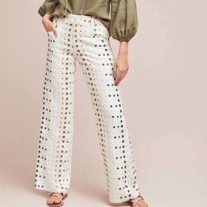 Anthropologie White Linen Pant w/ Multicolor Eyelet